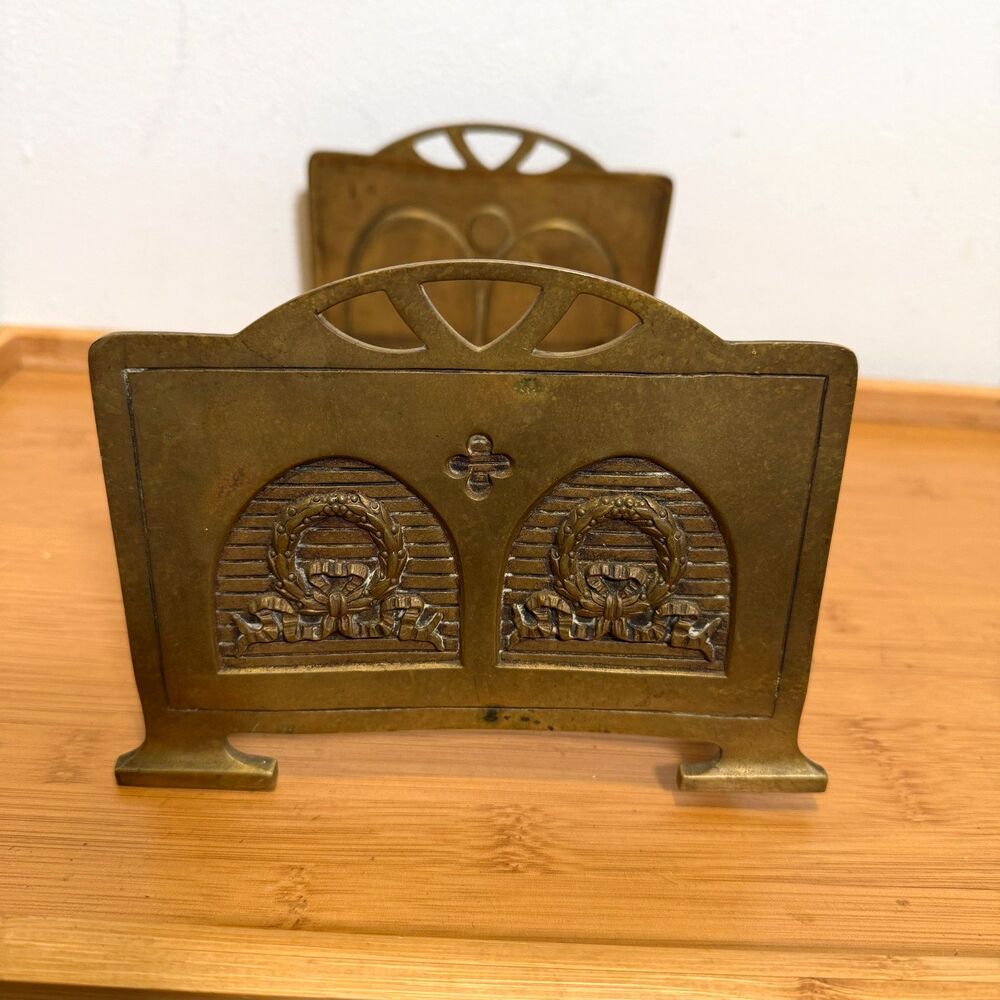 Vintage Brass Expandable Book Rack Adjustable Bookends Art Nouveau Style